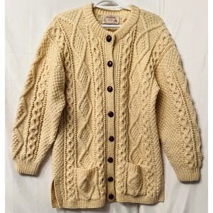 Vintage Standún Ireland Hand Knit Aran Wool Cardigan Fisherman Sweater Galway M